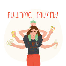 Fulltime Mummy Hand Lettering And Tired Multi Armed Mother Doing A Lot Works At One Time - Holding Her Baby In Green Bear Costume On Shoulders,in Others Hands Napkin And Sponge,feeding Bottle,rattle. 