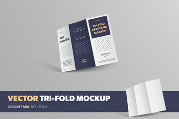 Leinwandbilder - Mockup of vector open tri-fold, back cover view, with crosses abstract pattern and realistic shadows, standard brochure isolated on background.