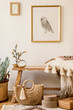 © FollowTheFlow - Stylish composition of living room interior with mock up frame, wooden bench, pillow, plaid, woman bag, books, cacti, macrame, plant, decortaion and elegant personal accessories in modern home decor.