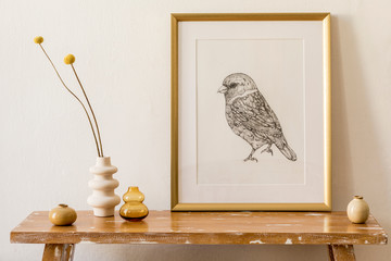 Wall Mural - stylish composition of living room interior with gold mock up frame, wooden bench, dried flower in v