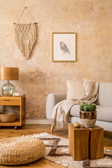 Wall Mural - stylish scandi compostion at living room interior with design gray sofa, wooden coffee table, shelf,
