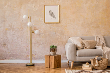Wall Mural - stylish scandi compostion at living room interior with design gray sofa, wooden coffee table, shelf,