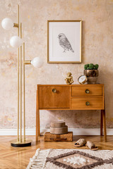 Wall Mural - modern retro composition of living room with wooden vintage commode, furniture, lamp, plant, carpet,