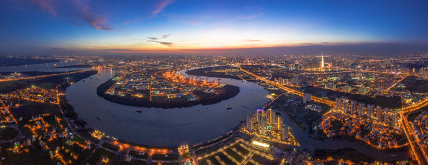 Top view aerial of Tan Thuan Export Processing Zone and center Ho Chi Minh City, Vietnam  with development buildings, transportation, energy power infrastructure. View from District 2