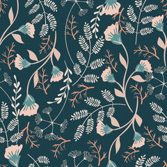 Wall Mural - Vector seamless  pattern with  leaves and  flowers on dark  background.  Floral illustration for textile, print, wallpapers, wrapping.