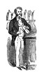 Gentleman in tailcoat waistcoat vest holding an object standing behind a counter 1800s lineart illustration black and white