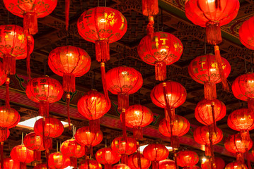 Chinese New Year Decorative Lanterns, Chinese new year decorations at Wat Leng Nei Yee 2 Temple.Words Chinese language mean 