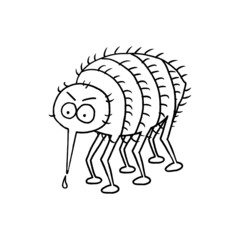 Outlined illustration hand-drawn flea isolated on white background for children learning and colouring. Vector graphic.