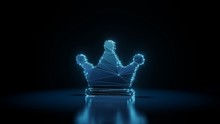 3d Rendering Wireframe Neon Glowing Symbol Of Crown On Black Background With Reflection