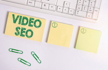 Poster - Handwriting text writing Video Seo. Conceptual photo the process of improving the ranking or visibility of a video Flat lay above blank copy space sticky notes with business concept