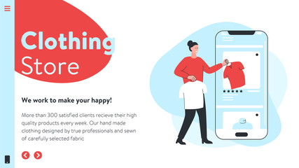 Vector image of an online store website interface with concept illustration of a woman taking clothes from mobile app. It represents a concept of online shopping, website design or modern landing page