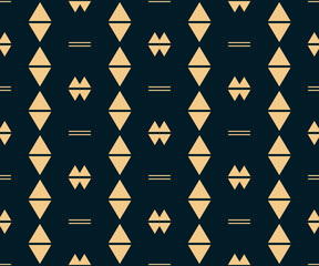 Vector geometric seamless pattern. Vector abstract minimalist texture. Black and yellow graphic background. Simple minimal ornament with small triangles, diamonds, rhombuses, lines. Dark repeat design