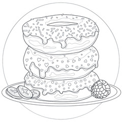 Delicious donuts with powder, raspberries and banana.Tasty sweets.Coloring book antistress for children and adults. Zen-tangle style.Black and white drawing