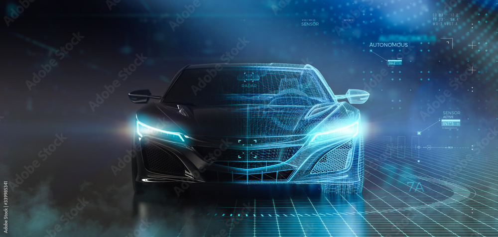 Futuristic sports car wireframe intersection with custom LED lights (3D Illustration) - obrazy, fototapety, plakaty 