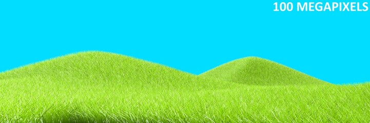 very high resolution beautiful green mount with grass isolated on blue, peaceful nature concept - 100 megapixels abstract 3D illustration