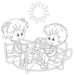 Wall Mural - Cheerful small children playing with toys and swinging on a swing on a summer playground in a park, black and white outlined vector cartoon illustration for a coloring book page