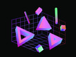 Neo-memphis bauhaus retrowave abstract background. Neon holographic chromatic 3d shapes - polygon, cube, prism, cylinder, cuboid, ect. Retrofuturistic print for t-shirt, notebook, poster, cover.