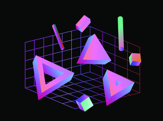 Aufkleber - Neo-memphis bauhaus retrowave abstract background. Neon holographic chromatic 3d shapes - polygon, cube, prism, cylinder, cuboid, ect. Retrofuturistic print for t-shirt, notebook, poster, cover.