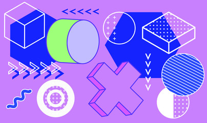 Aufkleber - Set of simple geometic 3D elements in bauhaus neo-memphis retro style, colored in punchy pastel color scheme. Abstract geometric background for poster, cover, print.