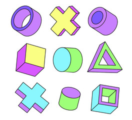 Aufkleber - Set of simple geometic 3D elements in bauhaus neo-memphis retro style, colored in punchy pastel color scheme. Abstract geometric background for poster, cover, print.
