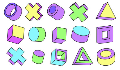 Aufkleber - Set of simple geometic 3D elements in bauhaus neo-memphis retro style, colored in punchy pastel color scheme. Abstract geometric background for poster, cover, print.