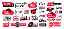 Mega Set Of Live Streaming Vector Icons. Red And Black Symbols And Buttons Of Live Streaming, Broadcasting, Online Stream. Design For Tv Shows Movies And Live Performances Isolated On White Background