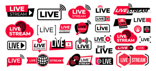 mega set of live streaming vector icons. red and black symbols and buttons of live streaming, broadc