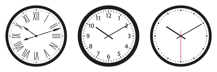 set of wall clocks with black frame and hands. flat style vector illustration. simple classic wall c