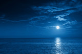 This photo illustration of a deep blue moonlit ocean and sky at night  would make a great travel background for any travel or vacation purpose.