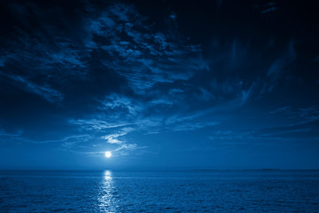 Wall Mural - This photo illustration of a deep blue moonlit ocean and sky at night  would make a great travel background for any travel or vacation purpose.