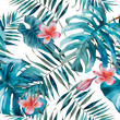 Watercolor seamless pattern with tropical leaves and flowers