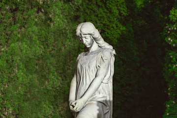 Wall Mural - sculpture of saint woman against green thuja in old cemetery. stoned angel with closed eyes monument at cemetery. Graveyard old grey statue on funeral. Death, loss empty natural green background.