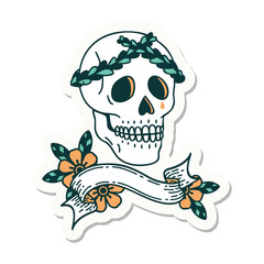 tattoo sticker with banner of a skull with laurel wreath crown