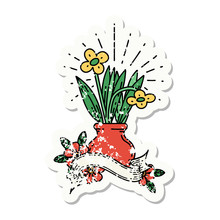 Grunge Sticker Of Tattoo Style Flowers In Vase