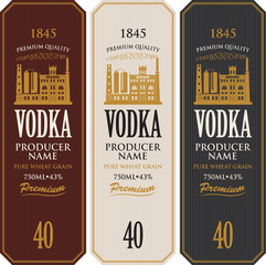 Wall Mural - Set of vodka labels with the image of distillery building. Decorative vector labels for vodka in retro style. Premium quality, pure wheat grain, strong alcoholic beverage collection