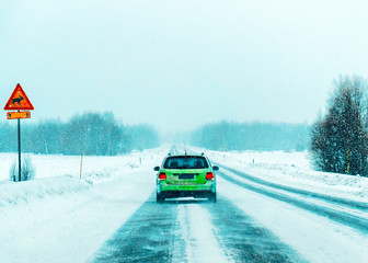 Canvas Print - Car road at winter Rovaniemi Lapland reflex