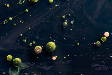 green bubbles on water surface. toxins on the liquid surface.