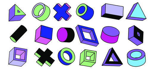 Aufkleber - Set of simple geometic 3D elements in bauhaus neo-memphis retro style, colored in punchy pastel color scheme. Abstract geometric background for poster, cover, print.