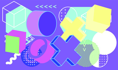 Aufkleber - Set of simple geometic 3D elements in bauhaus neo-memphis retro style, colored in punchy pastel color scheme. Abstract geometric background for poster, cover, print.