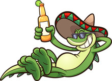 Mexican Iguana Holding A Beer. Vector Clip Art Illustration With Simple Gradients. All In A Single Layer.
