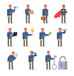 © paper_owl - Ginger haired man showing various actions. Businessman holding loudspeaker, parcel box, laptop, spyglass, pointing to idea and showing other actions. Flat design vector illustration