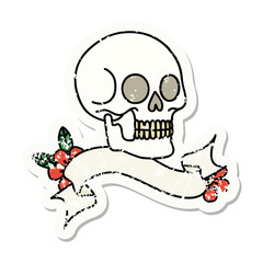 grunge sticker with banner of a skull