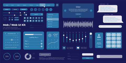 Fototapete - Blue vector UI kit for mobile applications and web sites. Universal user interface template with responsive design, tools and buttons. Flat menu icons and control elements on color background.