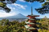 Fototapeta  - Mt. Fuji and Chureito red pagoda in october, Yamanashi, Japan