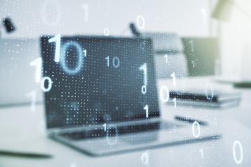 Poster - Creative abstract binary code hologram on modern computer background, AI and machine learning concept. Multiexposure