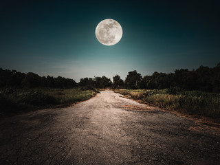 landscape of night sky and bright full moon. asphalt road leading into the forest at night. serenity