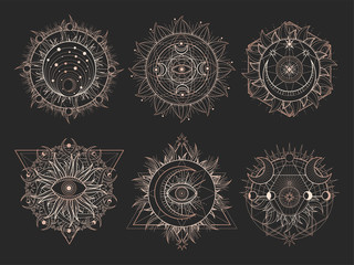 Wall Mural - vector set of sacred symbols and geometry figures on black background. gold abstract signs.