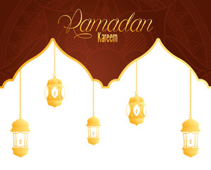 Ramadan kareem card with golden lanterns hanging