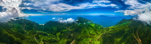 Aerial View Of Lang Co Bay And Da Nang Bay, Hai Van Pass, Bach Ma Mountain, Hue, Vietnam. Panorama