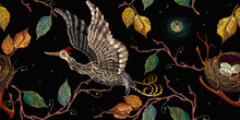 Japanese Crane, Moon, Autumn Leaves And Bird Nest, Seamelss Pattern. Ancient Embroidery Fashion Art, Template For Design Of Clothes. Oriental Style